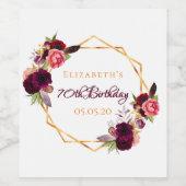 Birthday floral gold white geo burgundy name wijn etiket (Enkel label)