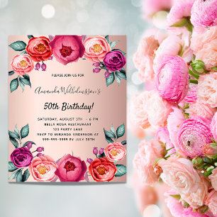 Birthday floral roos gold roze budget uitnodiging