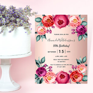 Birthday floral roos goudspoeling roze uitnodiging