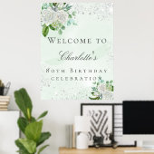 Birthday floral Silver glitter greenery Welkom Poster (Thuiskantoor)