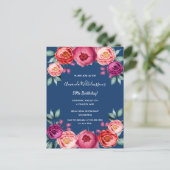 Birthday florblauw roos goudroze uitnodiging (Staand voorkant)