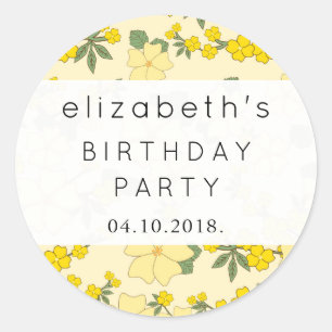 Birthday - Flowers, Petals, Bladeren - Geel Groen Ronde Sticker
