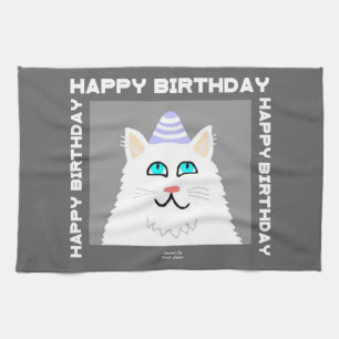 Birthday Fluffy White Cat Kitchen Towel Theedoek