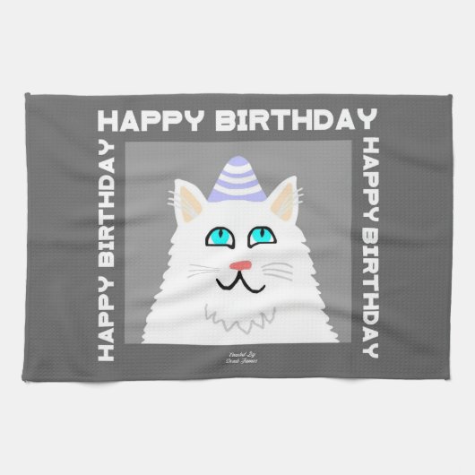 Birthday Fluffy White Cat Kitchen Towel Theedoek (Horizontaal)