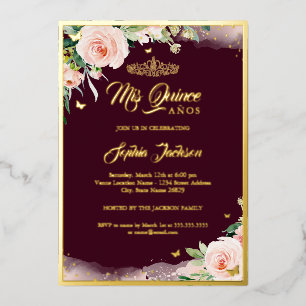 Birthday Folie Burgundy Pink Floral Quinceanera in Uitnodiging