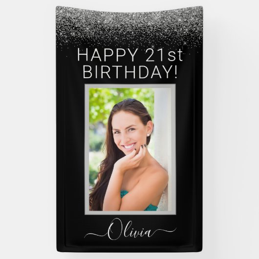 Birthday Foto Black Silver Glitter Girly Spandoek (Verticaal)