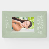 Birthday Foto Green Sage Script Girly Spandoek (Horizontaal)