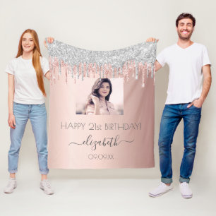 Birthday foto roos goudglitter zilverroze glazuur fleece deken