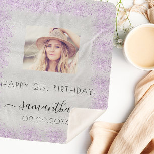 Birthday foto Silver paarse glitter monogram Sherpa Deken