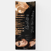 Birthday foto zwart goud glitter monogram spandoek (Verticaal)