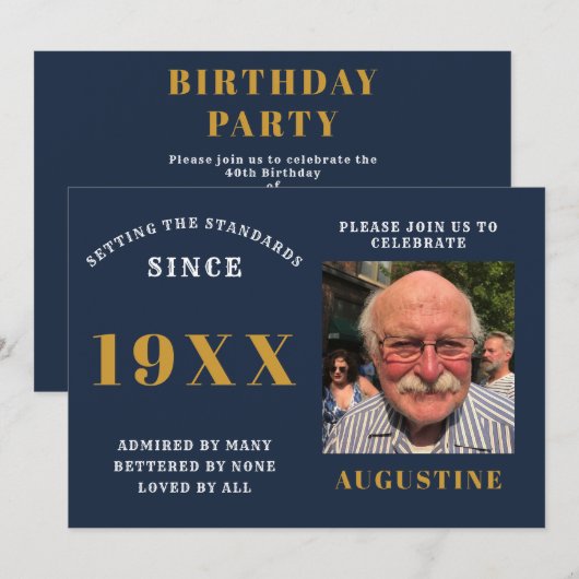 Birthday Fototemplate Elegant Chic Blue Gold Kaart (Voorkant / Achterkant)