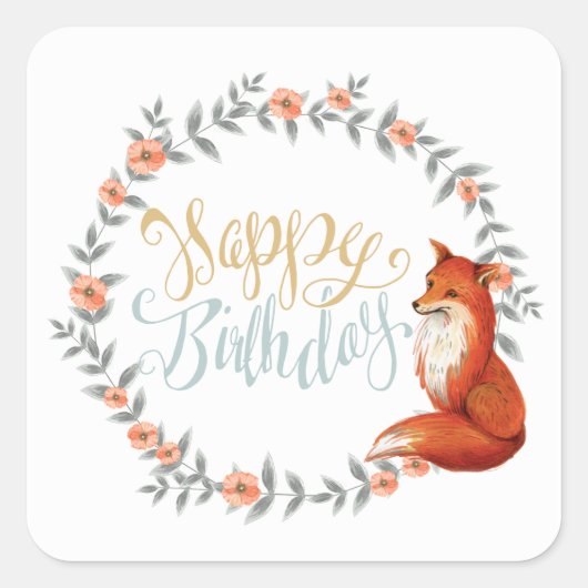 Birthday Fox Wreath Vierkante Sticker (Voorkant)