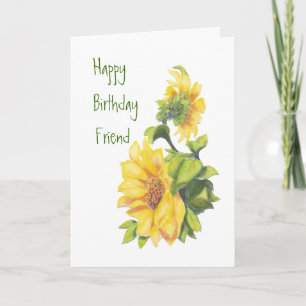 Birthday Friend Watercolor Sunflowers, Floral Kaart