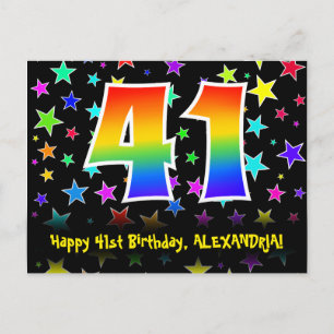 Birthday: Fun Stars Pattern, Rainbow 41, Name Briefkaart