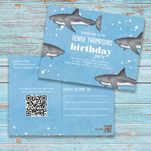 Birthday Fun Whimsical Sharks Ocean QR Code Briefkaart