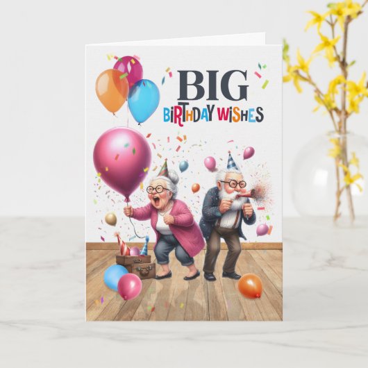 Birthday Funny Old Man and Woman with Balloons Kaart (Gele Bloem)