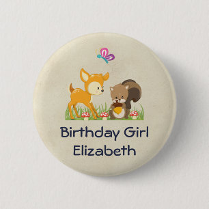 Birthday Girl Cute Forest Animals Ronde Button 5,7 Cm