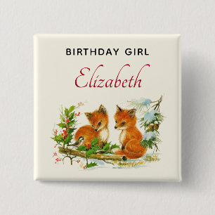 Birthday Girl Cute  Foxes Winter Scene Vierkante Button 5,1 Cm