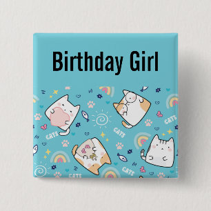 Birthday Girl Cute Kitty Cat Pattern Whimsical Vierkante Button 5,1 Cm