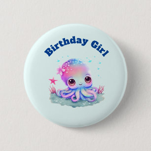 Birthday Girl Cute Octopus onder het thema Zee Ronde Button 5,7 Cm