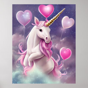 Birthday Girl Fantasy Unicorn met roze ballonnen Poster