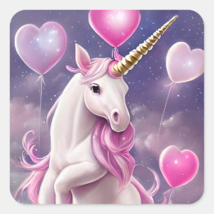 Birthday Girl Fantasy Unicorn met roze ballonnen Vierkante Sticker