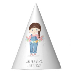 Birthday Girl in Overalls Brunette Feesthoedjes