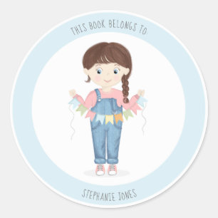 Birthday Girl in Overalls Brunette Ronde Sticker