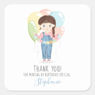 Birthday Girl in Overalls Brunette Vierkante Sticker