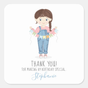 Birthday Girl in Overalls Brunette Vierkante Sticker