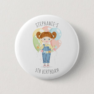 Birthday Girl in Overalls Redhead Button