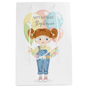 Birthday Girl in Overalls Redhead Medium Cadeauzakje