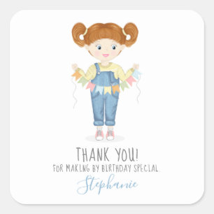 Birthday Girl in Overalls Redhead Vierkante Sticker