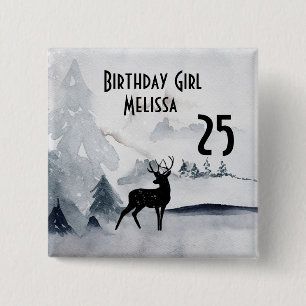 Birthday Girl Winter Reindeer Rustige Waterverf Vierkante Button 5,1 Cm