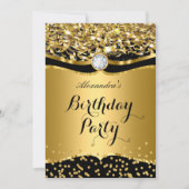 Birthday Glitter Gold Black Confetti Invite Kaart (Voorkant)