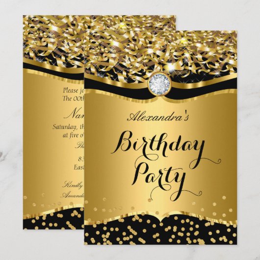 Birthday Glitter Gold Black Confetti Invite Kaart (Voorkant / Achterkant)