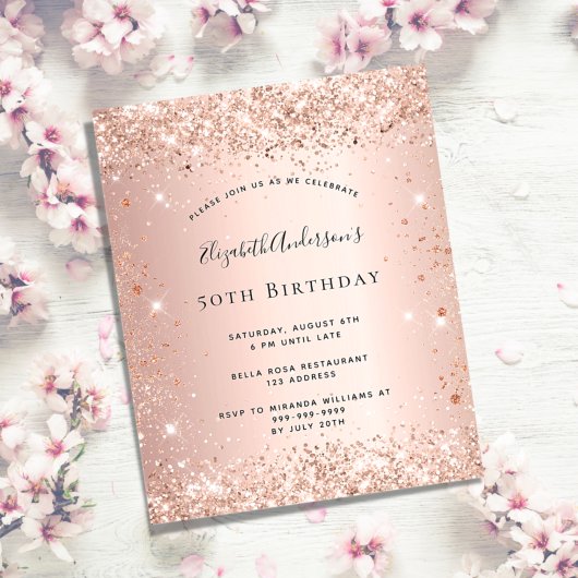 Birthday glitter roos goudmetalen uitnodiging budg flyer