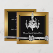 Birthday Gold Black Chandelier Silver Bow Kaart (Voorkant / Achterkant)