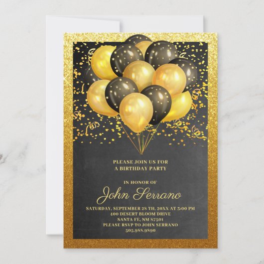 Birthday Gold Black Glitter Party Invitation Kaart (Voorkant)