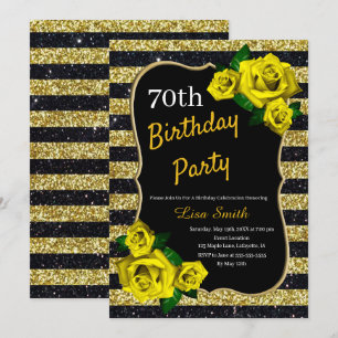 Birthday Gold Black Stripes Glitter Yellow Roses Kaart
