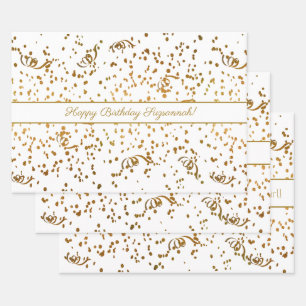 Birthday Gold Confetti Streamers Drie Sjabloon Inpakpapier Vel
