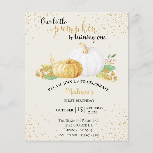 Birthday Gold Glitter White Pumpkin Autumn Budget (Voorkant)