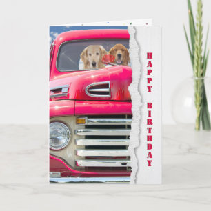Birthday Golden Retriever in Red Truck Kaart