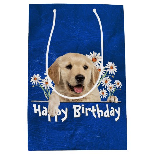 Birthday Golden Retriever op blauw leder Medium Cadeauzakje (Voorkant)