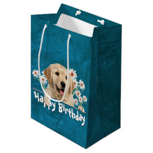 Birthday Golden Retriever op Blauwgroen leder Medium Cadeauzakje