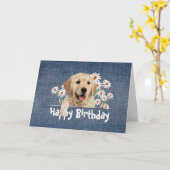 Birthday Golden Retriever op Blue Denim Kaart (Gele Bloem)