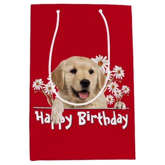 Birthday Golden Retriever op rood Medium Cadeauzakje (Voorkant)