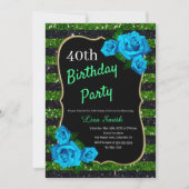 Birthday Green Black Stripes Glitter Blue Rozen Kaart (Voorkant)