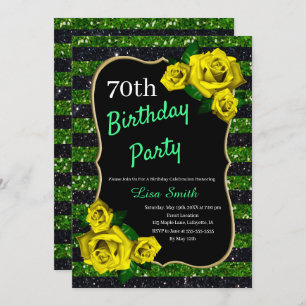 Birthday Green Black Stripes Glitter Yellow Roses Kaart
