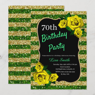 Birthday Green Gold Stripes Glitter Yellow Roses Kaart